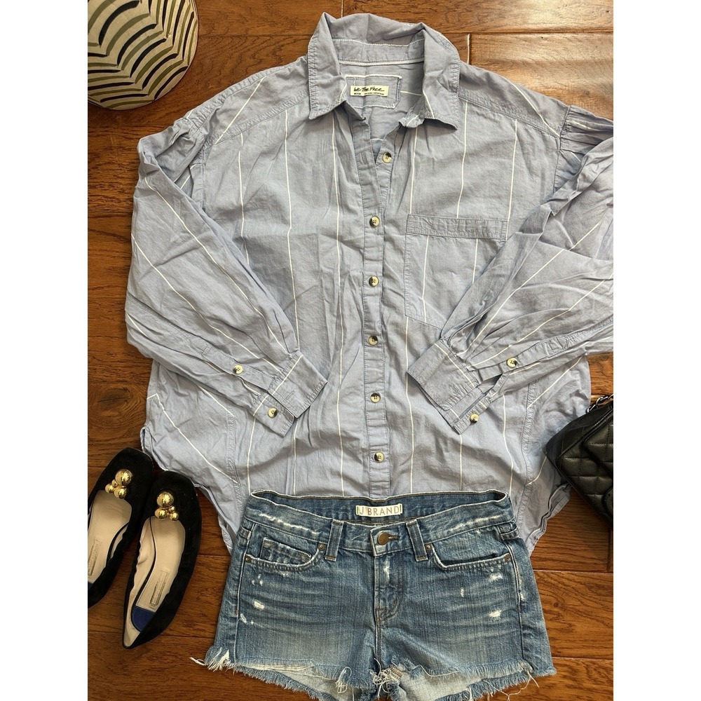 Free People We The Free Womens Medium M Striped Button Down Shirt Blue Cotton